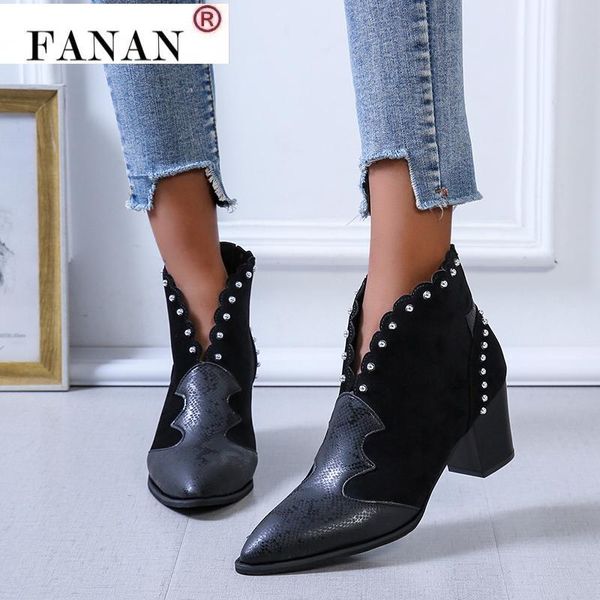 

women rivet boots female autumn winter pu leather cowboy ankle pointed toe wedge heel woman booties snake shoes, Black