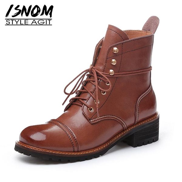 

boots isnom arrive ladies ankle women genuine leather shoes woman lace up booties chunky heel platform round toe, Black