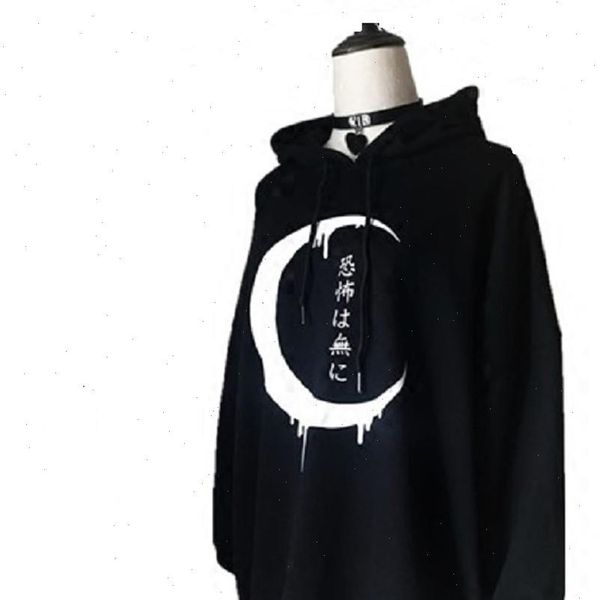 

autumn loose gothic punk women sweatshirts long sleeve moon print jacket zipper coat casual hoody, Black