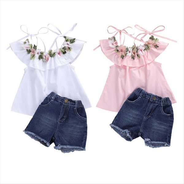 

2 pcs baby summer outfit girls adjustable spaghetti strap ruffled collar embroidery and frayed raw hem denim shorts set, White