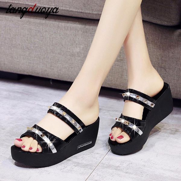 

slippers 2021 women sandals summer high-heeled wedge waterproof platform, Black