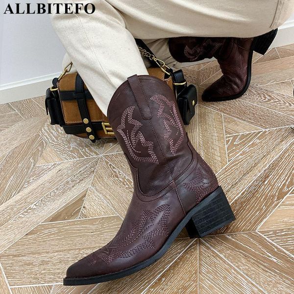 

boots allbitefo embroidery design fashion pu + genuine leather women ankle high heel shoes women's motocycle, Black