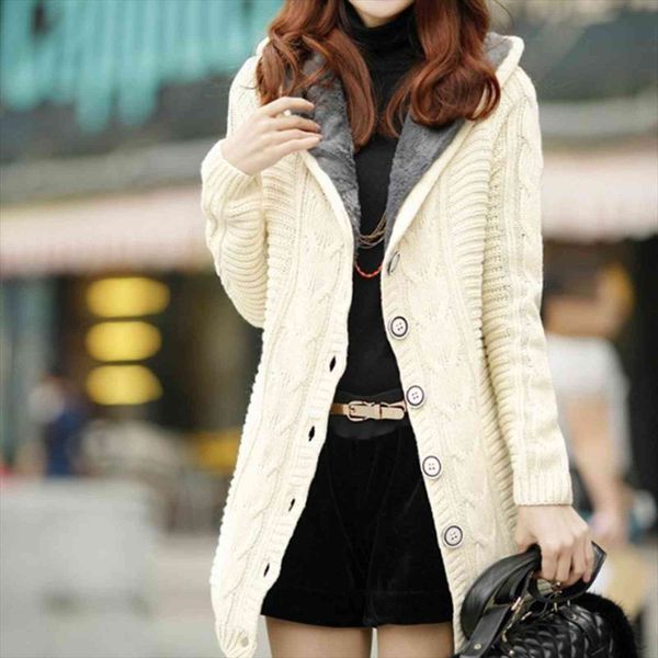 

winter hooded cardigan women sweater red white coat thick warm sueter mujer long sleeve female knitted outwear, White;black