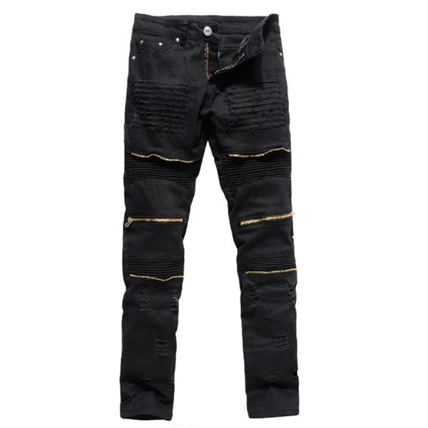 

men's jeans ripped feet pants slim fit stretch patch motorcycle, Blue