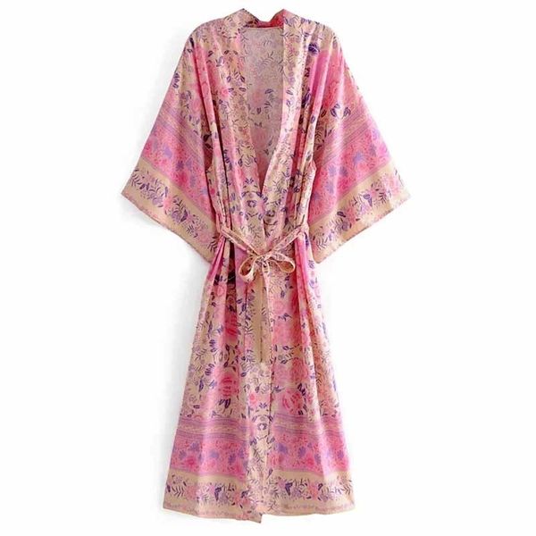Inspirado rosa floral wrap para mulheres kimono manga verão algodão v-pescoço novo feriado vestido de praia 210412