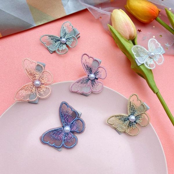 

hair accessories korean pearl embroidery butterfly clip bangs decorative girl sweet side ornament for women, Slivery;white