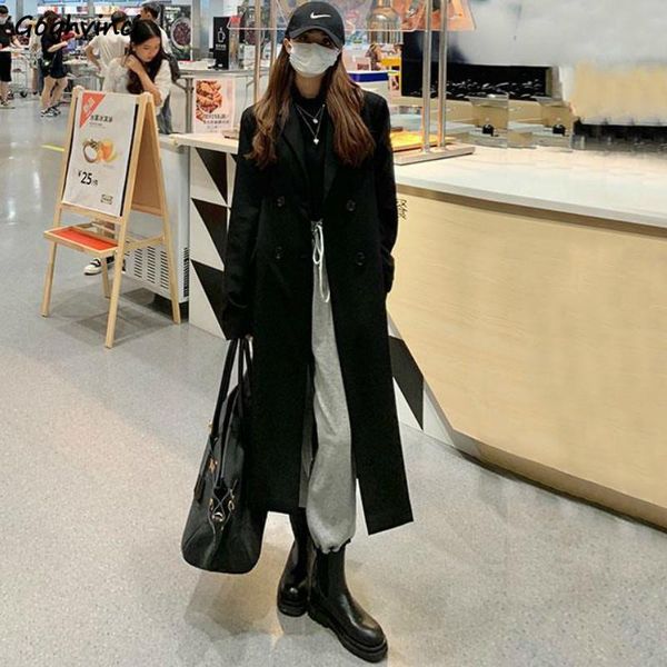 

women's wool & blends womens plus size 4xl solid double breasted turn down collar simple loose long outwear all-match fashion korean st, Black