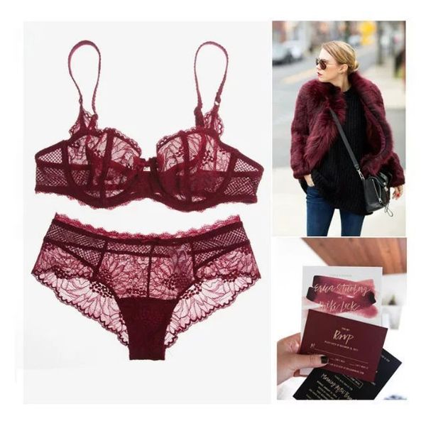 

bra set transparent ultra thin cup french exquisite lace large size lingerie, Red;black