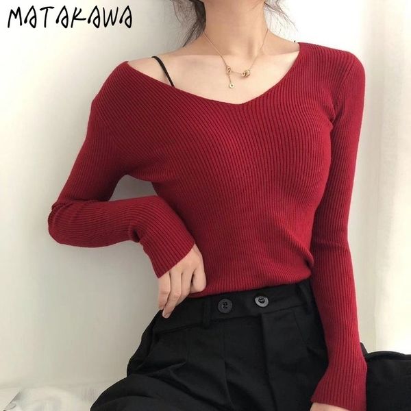 

matakawa korean v-neck knitted long-sleeved slim sweaters tight bottoming shirt women's pullover sweater 210513, White;black