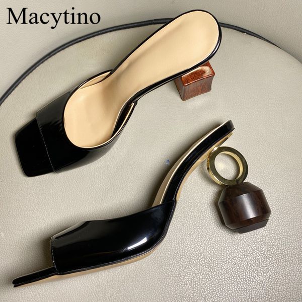 

slippers irregular high heel mules shiny black leather open toe summer italian style beach shoes ladies slides designer gnr3