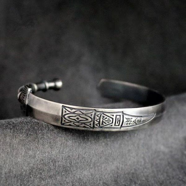 

design silver bracelet men personality chinese style retro touching gold symbols sword evil guarding lucky handmade jewelry bangle, Black