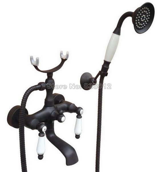 

wall mount black oil rubbed bronze bathroom tub faucet / telephone style handheld shower dual ceramic handles mixer tap wtf615 sets