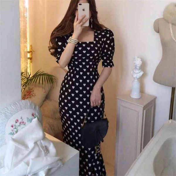

elegant vintage square collar ruffles mermaid dress summer bodycon print slim ol dresses vestidos 210519, Black;gray