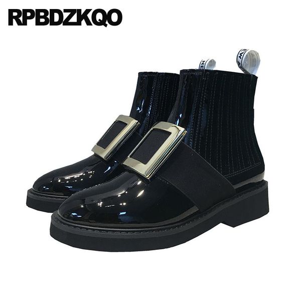 

boots chunky slip on short brand women winter genuine leather round toe patent black ankle shoes trend platform