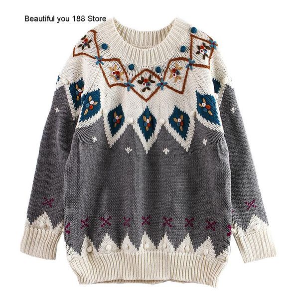 

women's sweaters loose and lazy style autumn heavy industry embroidery ball diamond hand sweater for women, White;black