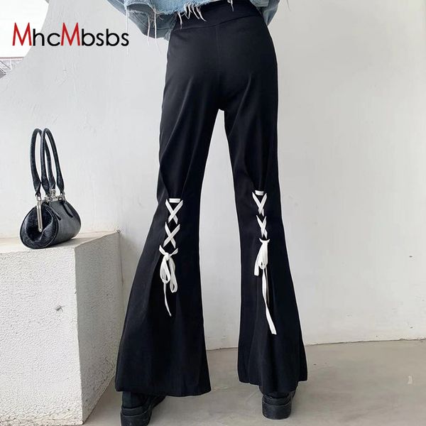 

women flare pants drawstring stitching bandage high waist casual gothic harajuku slit trousers style streetwear 210517, Black;white