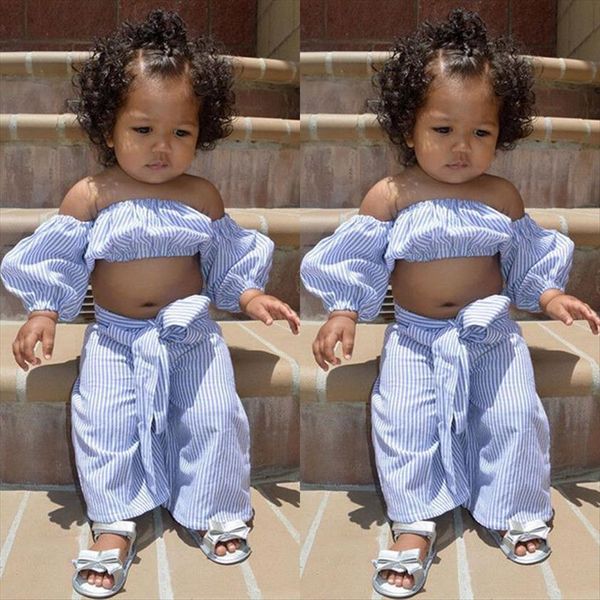 

baby kid girls off shoulder t shirt loose stripe bowknot pants outfits, White