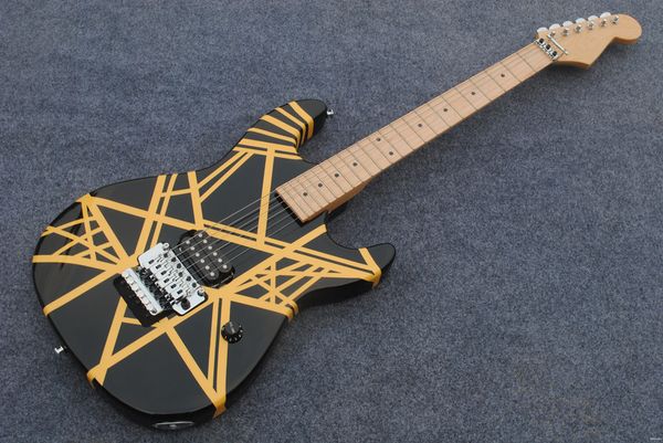 Guitarra elétrica do corpo negro com pescoço de bordo, hardware cromado, barra de cor amarela, fornecer serviços personalizados