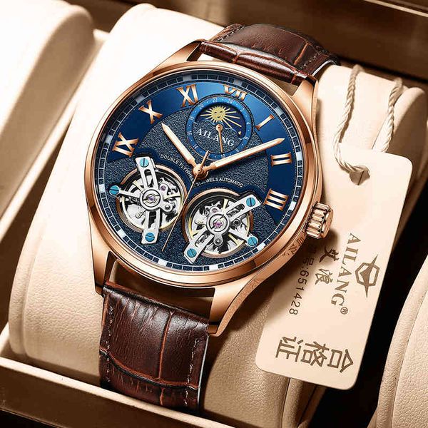 

ailang double tourbillon men's watch moon phase automatic watches men mechanical wristwatch transparent steampunk reloj hombre, Slivery;brown