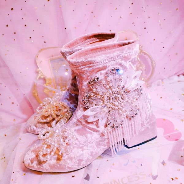 

boots autumn winter women's pink ankle round toe med heels rhinestones beading shoes b5, Black