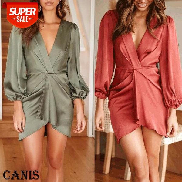 

2020 women deep v-neck long sleeve mini dress 2019 summer ladies evening party dresses female casual solid color sundress #us4d, White;black
