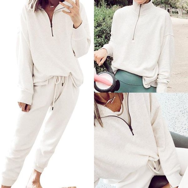

two piece set women spring home clothes solid color zipper casual drawstring trousers two-piece suit sets1, Gray
