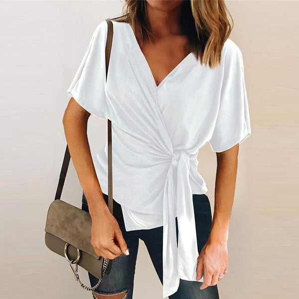 

women's blouses & shirts women taping blouse solid color elegant sashes short sleeve v-neck casual loose summer plus size office lady, White