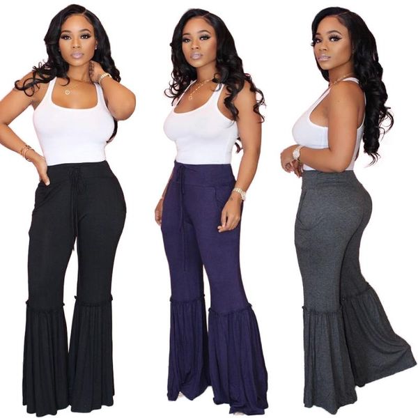 

women's fashion street wear high waist solid full length flare pants & capris, Black;white