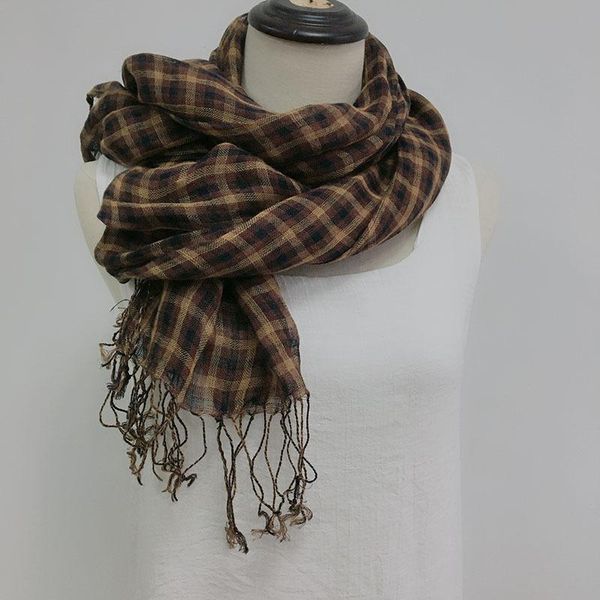 

scarves japanese linen plaid scarf thin breathable neck silk women's tassel long shawl 2021 spring and summer, Blue;gray