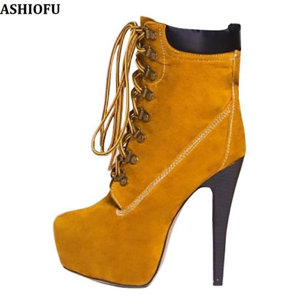 

boots ashiofu handmade women high heel cross shoelace platform ankle winter party prom evening fashion short shoes, Black