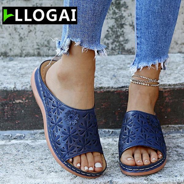 

leather flower wedges sandals woman leisure flip flops summer retro slippers women shoes sewing beach ladies plus size43, Black