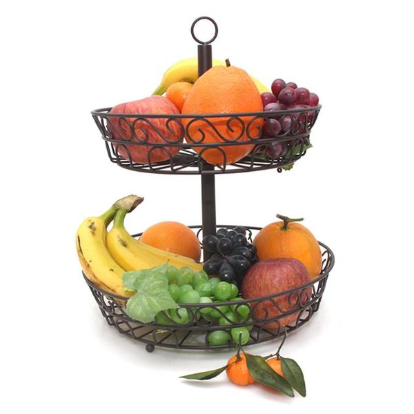 

2-tier iron fruit basket stand counterhousehold storage tray holder black vintage style baskets