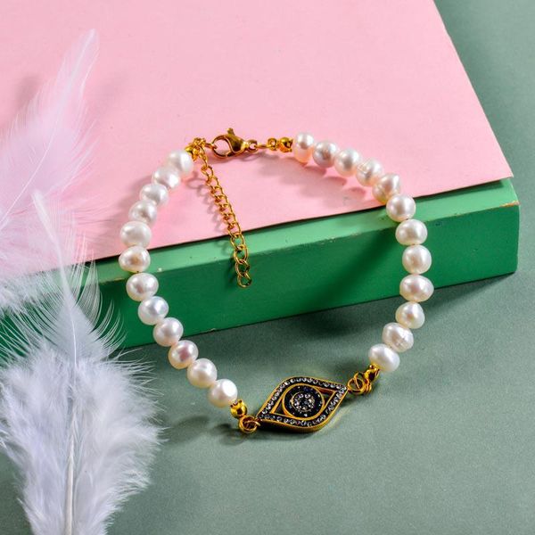 

link, chain baoyan evil eye bracelet gold plated black crystal charm with fresh water pearl stainless steel jewelry for women