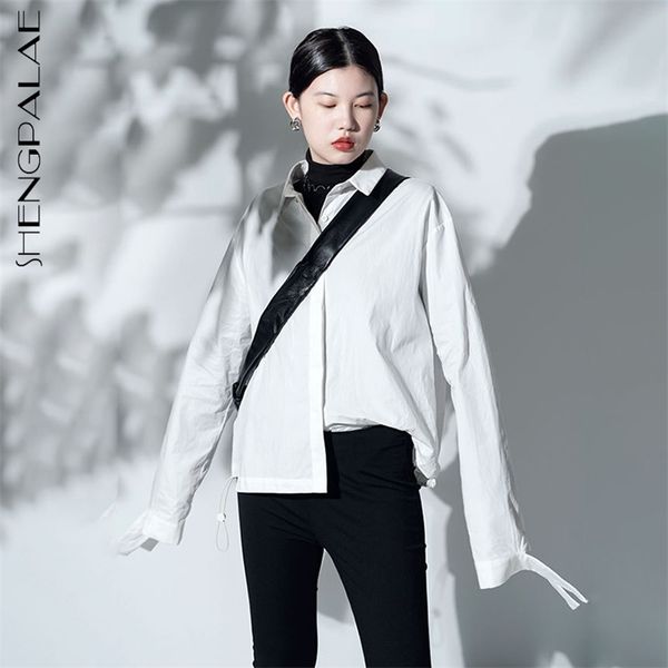 

personality drawstring blouse women's summer lapel large size single breasted long sleeve shirt female fashion 210427, White
