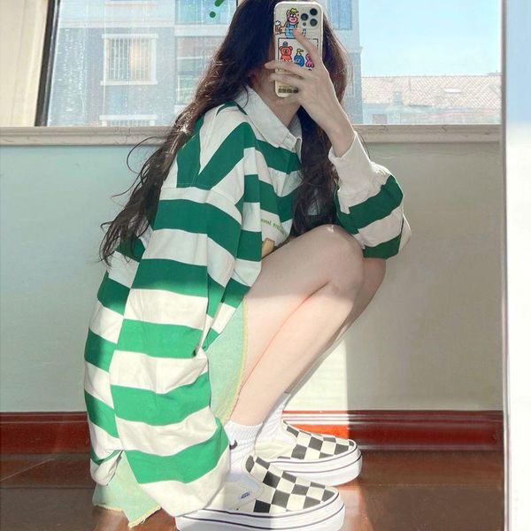 

women's polos cotton long-sleeved striped t-shirt men women preppy 2021 spring loose harajuku green shirt trend letter print top, White