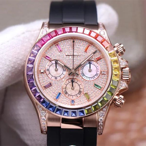 

bl 116595rbow montre de luxe mens watches 40mm 4130 automatic movement fine steel case rubber strap rainbow diamond watch, Slivery;brown