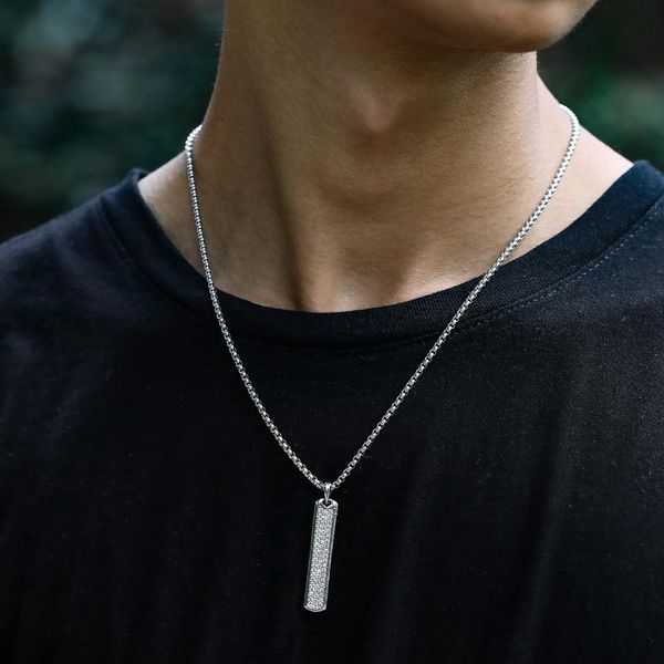 

pendant necklaces hiphop/rock pave cz rectangle necklace men stainless steel box chain fashion jewerly gift dropship, Silver