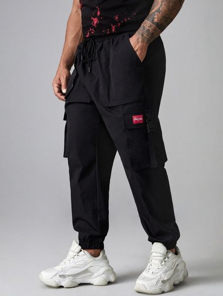 

extended sizes men patched detail flap pocket pants g6zi#, Black