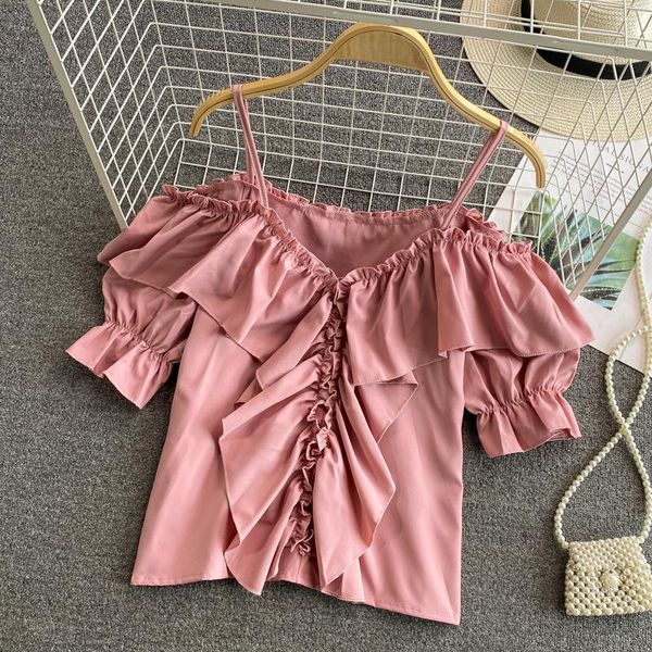 

women's blouses & shirts 2021 summer style puff sleeve blouse female v-neck short-sleeved ruffled bluse one-shoulder shirt gl499, White