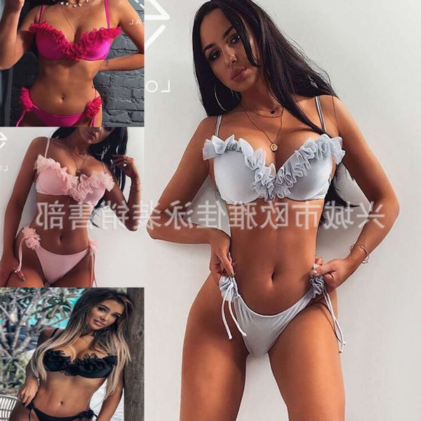 

2020 solid split swimsuit chiffon flower bikini swimsuit, White;black