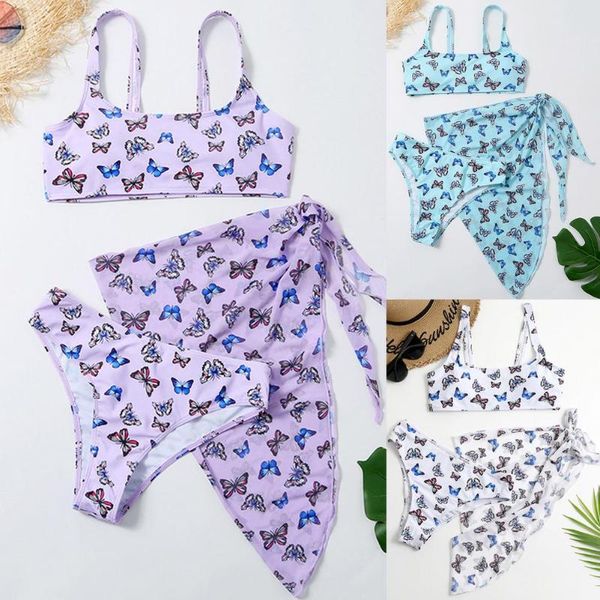 

women's swimwear bathing suit swimsuit 3-piece set ladies fashion beach bikini butterfly printed female bandeau, White;black