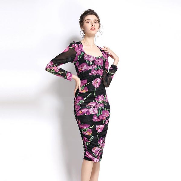 

casual dresses 2021 autumn runway designer mesh ruched sheath midi dress women rose print square collar bodycon party folds vestidos, Black;gray