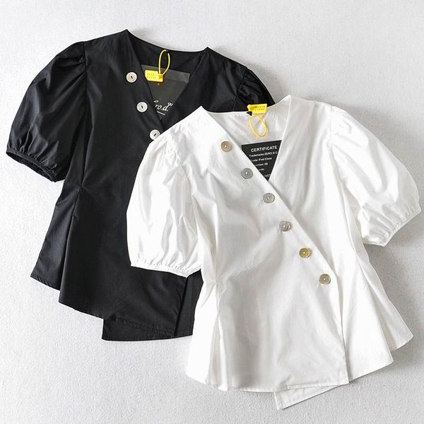 

women's blouses & shirts stylish women shirt summer 2021 fashion short sleeve v-neck puff female black and white