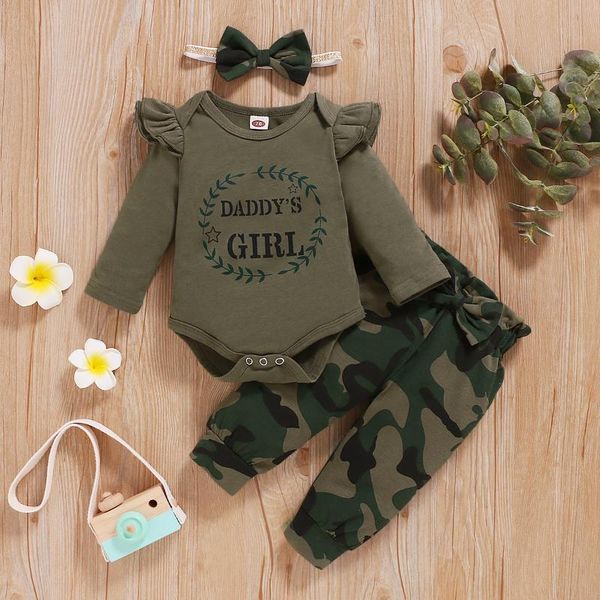 

baby girl clothes toddler outfits long sleeve letters print comfy camflage pants headband kids set clothing sets, White