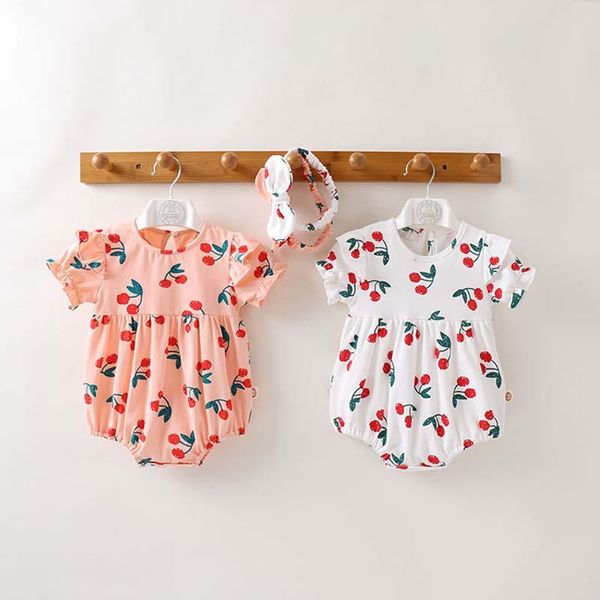 

little baby girls spring autumn summer outfit cherry 2pc clothes set cotton infant clothing with headband cap sets, White