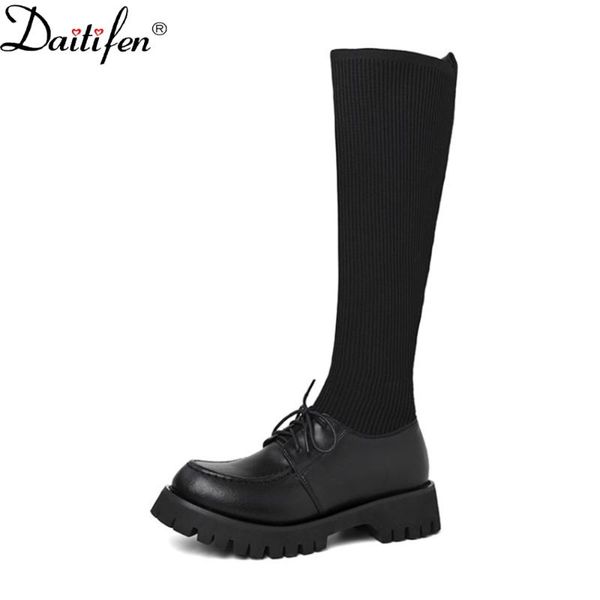 

boots daitifen genuine leather thick-soled all-match fashion is high, knitting handsome stretch women, Black
