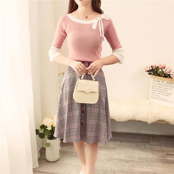 

two piece dress 2021 autumn winter womens o-neck pullover knitted + high-waisted skirt girl ladies skirts set outfits, White