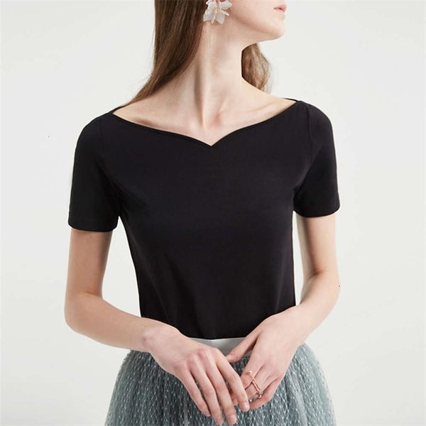 

women's t-shirt 2021 heart neck short sleeve solid summer cotton elastic versatile 26lb, White