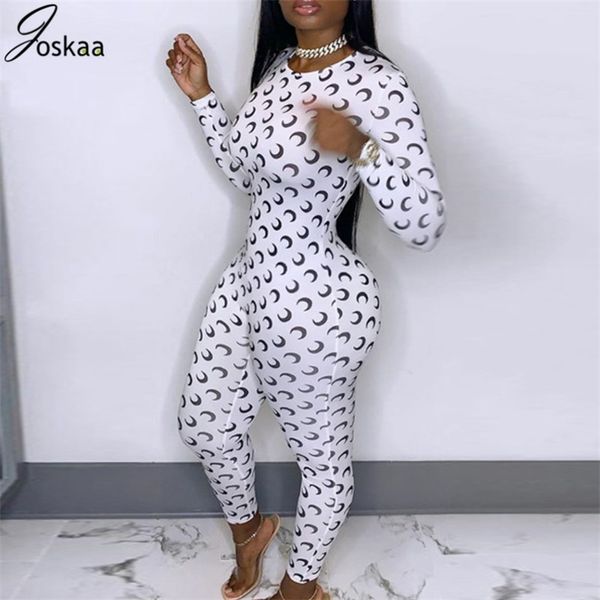 

joskaa moon print bodycon zipper jumpsuit for women o neck long sleeve skinny high waist slim fit party romper overall, Black;white