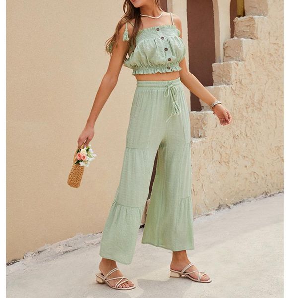 

women's two piece pants tassel casual women pant set sleeveless button crop drawstring loose 2021 summer bohemian holiday, White